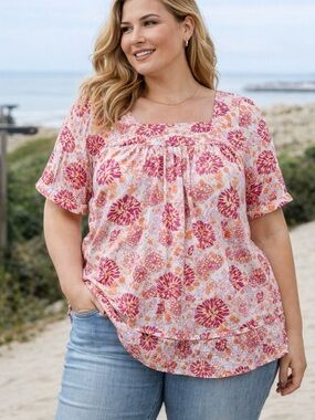 Rebecca Malone Woman 1X Floral Boho Peasant Blouse Cotton Pink Orange